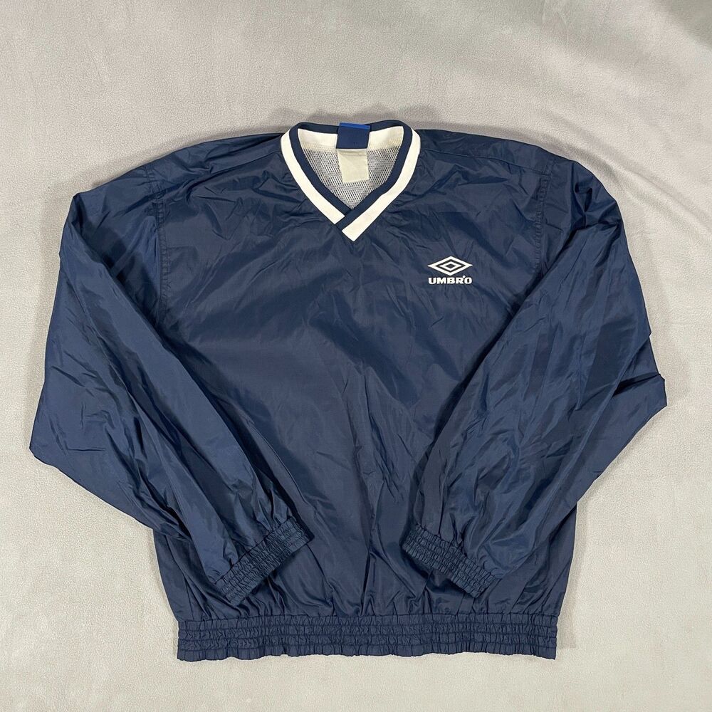 VTG Umbro Mens Medium Pullover Windbreaker V-Neck Lightweight Blue Mesh Lined